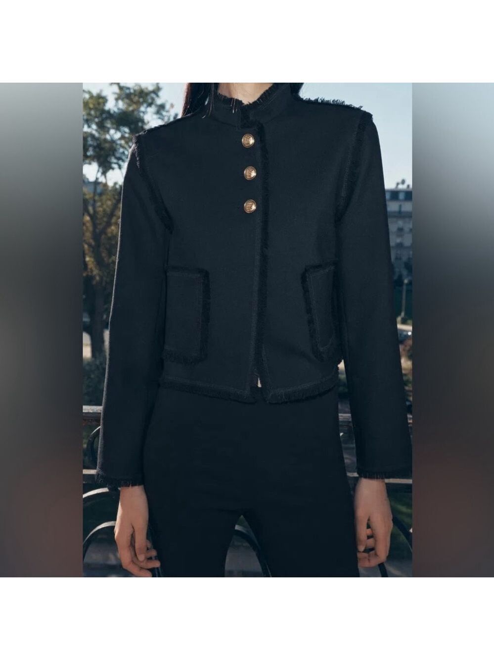 Zara ZW Collection 100% Wool Fringed Cropped Jacket Size L